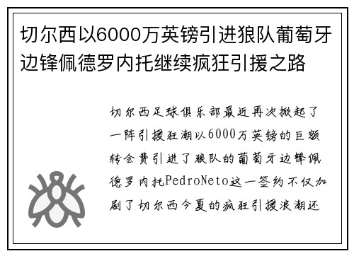 切尔西以6000万英镑引进狼队葡萄牙边锋佩德罗内托继续疯狂引援之路